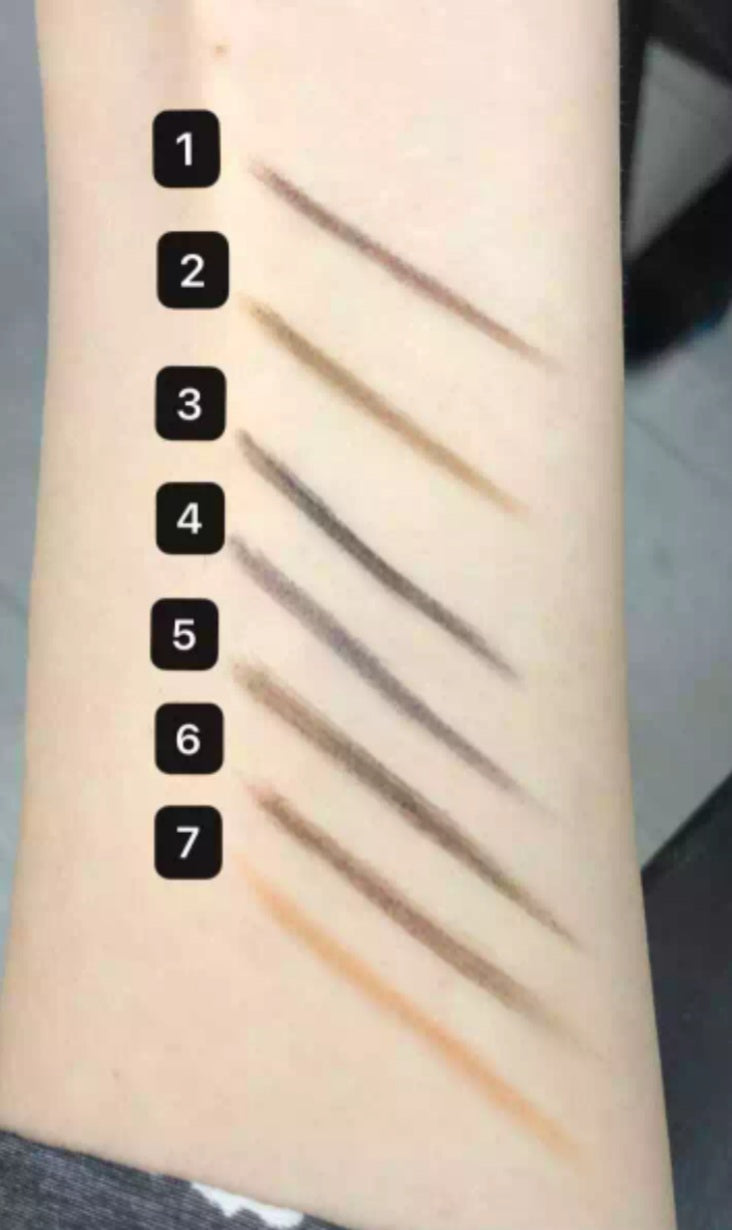 Thin tip eyebrow pencil creates look of hairstrokes color swatches